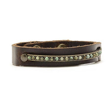 Narrow Leather Band Crystal ID Bracelet: Vintage Brown w Lt Turq