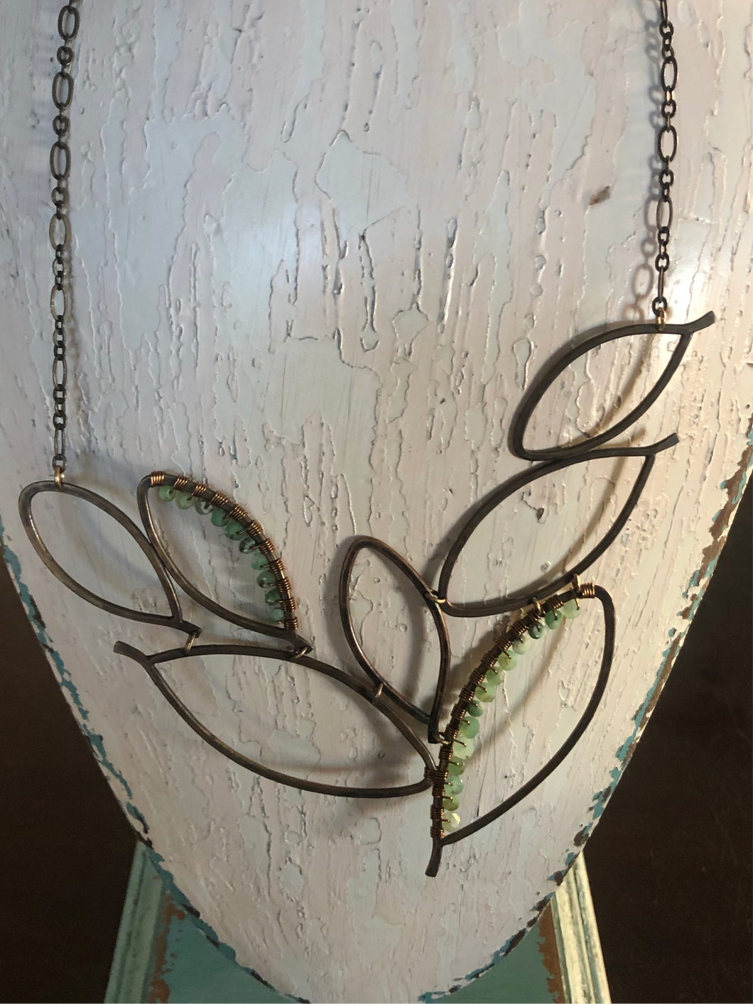 Brass Peruvian Opal Leaf Necklace